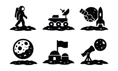 Moon exploration icons set – astronaut, rover, telescope, rocket, satellite, flag. Vector icons set