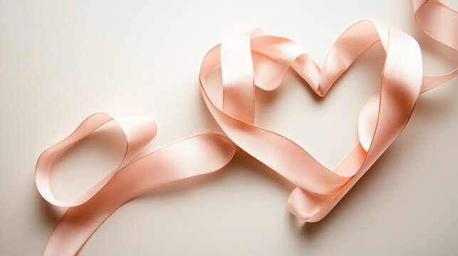 Heart- shaped ribbon with soft folds and shadows on white background , prefect for love , weddings, and charity themes. 