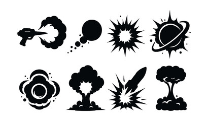 Futuristic explosive icon set – laser, planet, explosion, mushroom cloud, rocket, blast. Vector icons set