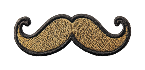 Embroidered mustache patch with twisted ends, cut out - stock png.