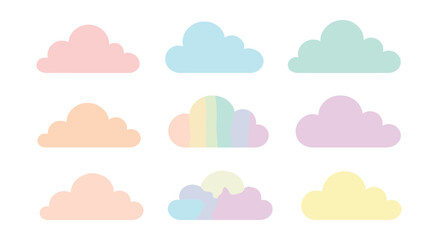 Pastel dream cloud icons set – pink, blue, green, yellow, glow, gradient, soft, fluffy, luminous, whimsical. Vector icons set