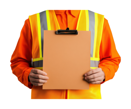 Male construction worker holding clipboard in safety vest, cut out - stock png. - Powered by Adobe