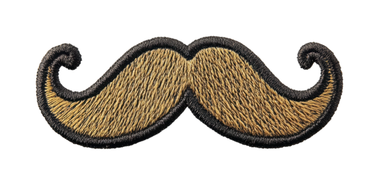 Embroidered mustache patch with twisted ends, cut out - stock png.