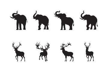 Elephant and Deer Silhouettes Vector Wildlife Animal Graphic Set