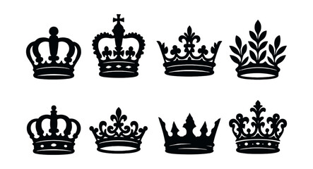Elegant vintage crown silhouettes set - classic royal designs, decorative headdresses, regal shapes. Vector icons set