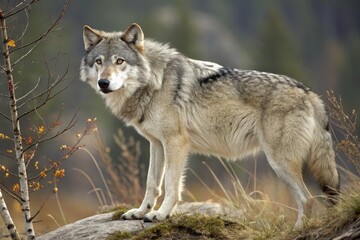 Fototapeta premium Wolf Stands Alert in a Natural Setting During Autumn Generative AI