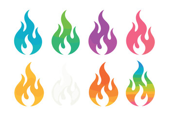 Vibrant fire silhouettes set – blue, green, yellow, purple, pink, rainbow, icons. Vector icons set