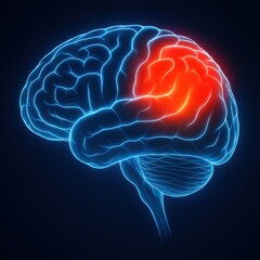 3D medical illustration of human brain with highlighted frontal lobe in red