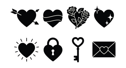 Romantic heart icon set – arrows, ribbon, roses, sparkles, sunburst, lock, key, envelope. Vector icons set