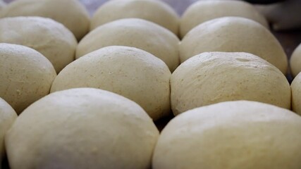 Unbaked bread loaves in a bakery close-up of shaped dough pieces resting on a table, prepared for baking, fresh artisan bread in the making. High quality 4k footage