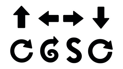 Silhouette block arrow icons set – arrows, left, right, up, down, circular, curved. Vector icons set