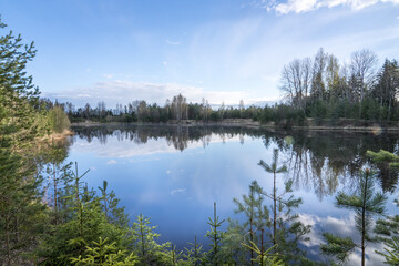 Matsimae, Estonia - May 04 2025: Vahesaare Lake near Seli Bog. Reflections of trees, Blue Sky, and Clouds on Still Water on a Bright Spring Day in Protected Wetland Landscape.