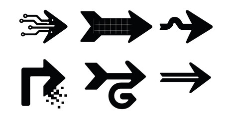 Futuristic tech arrows icons set &ndash; circuit, grid, curve, digital, directional. Vector icons set