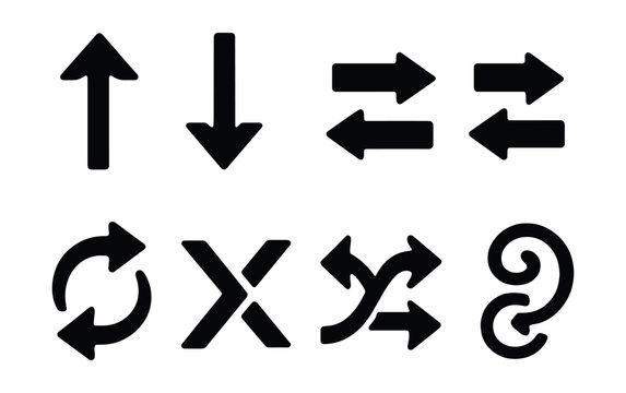 Silhouette arrow icons set - up, down, left, right, circular, curved, directional designs. Vector icons set