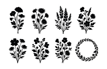 Wildflower silhouette icons set – poppy, daisy, fern, wreath, leaf, petal. Vector icons set