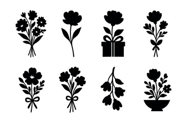Elegant floral silhouette icons set – bouquet, gift, vase, arrangement, petals, blossoms. Vector icons set