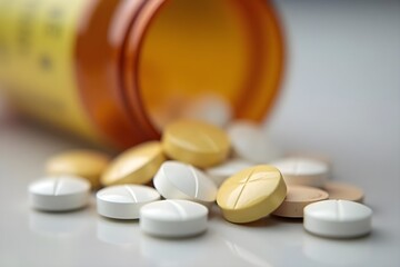 Close-up of Pharmaceutical Drugs Falling Out of a Bottle