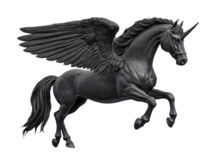Majestic winged unicorn with detailed feathers and horn in mid-gallop, cut out - stock png.