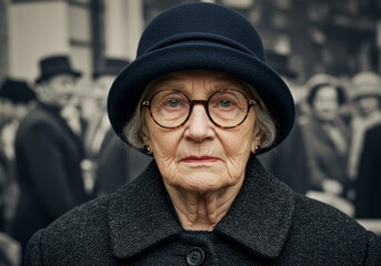 An old woman with glasses and hat in a classic style portrait, with a blurred crowd behind.
