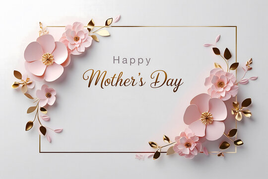 Elegant happy mothers day card with pink flowers and gold accents delicate frame