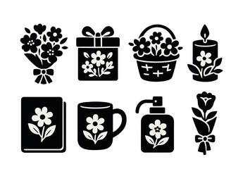 Floral gift icons set – bouquet, present, basket, candle, journal, mug, dispenser. Vector icons set
