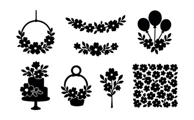 Floral silhouette icons set – wreath, garland, balloons, cake, basket, bouquet, pattern. Vector icons set