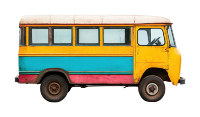 Vintage colorful bus with yellow, blue, and red panels, cut out - stock png.