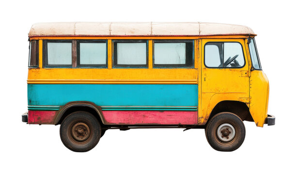 Vintage colorful bus with yellow, blue, and red panels, cut out - stock png.