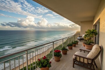 Balcony With Ocean View and Coastal Scenery at Sunset Generative AI