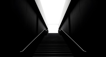 Fototapeta premium High Contrast Stairway With Dramatic Lighting And Dark Textured Walls Leading To A Bright Luminous Exit For Use As A Stock Photo