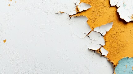 Fototapeta premium An abstract close-up of cracked and peeling paint, featuring shades of orange, white, and blue, creating a weathered texture.