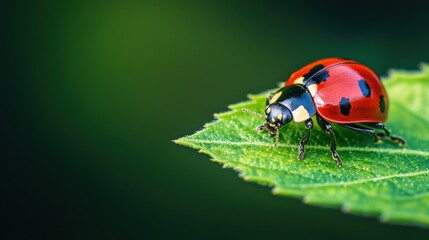 Naklejka premium Close-up view of a ladybug on a vibrant green leaf.