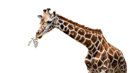 Giraffe walking gracefully, long neck, brown patches, transparent background