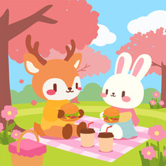 Cute Deer and Bunny Picnic Under Cherry Blossom Trees. Adorable Spring Picnic with Deer and Bunny Eating Burgers. Kawaii Animal Friends Enjoying Picnic in Sakura Park.