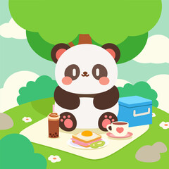 Cute Panda Picnic with Food and Bubble Tea in Nature. Adorable Cartoon Panda Having Picnic Under Tree with Snacks and Drink. Kawaii Panda Outdoor Picnic Scene with Boba Tea and Toast.