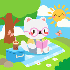 Cute White Cat Reading at Picnic with Bubble Tea. Adorable Cartoon Cat with Glasses Enjoying a Sunny Picnic in Nature. Kawaii Style Cat Reading Book at Picnic with Drink and Butterflies.