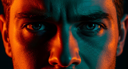Naklejka premium Intense Close Up of a Man's Face with Orange and Teal Lighting Accentuating Skin Texture and Details on a Dark Background