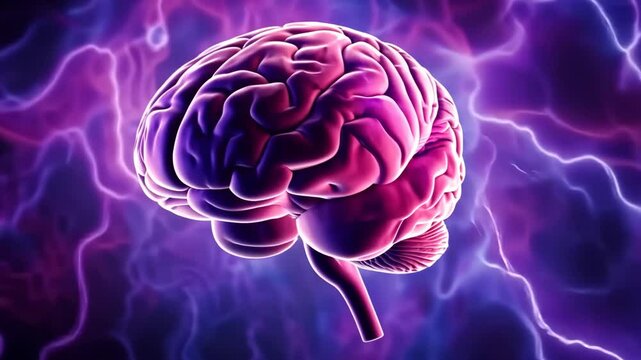 Dynamic neural energy burst animating a glowing brain with electric pulses. Epilepsy Awareness Month