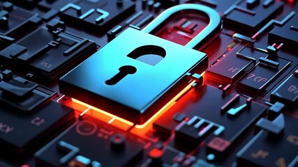 Digital padlock unlocking on circuit board  cybersecurity and technology concept. Computer security Day