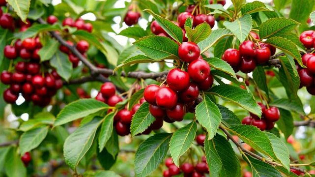 Close-Up of Ripe Red Cherries Hanging on a Tree Branch with Green Leaves"