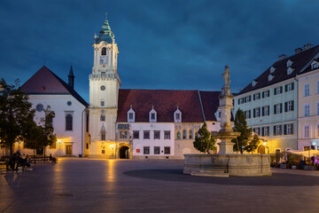 Bratislava, Slovakia. View of Hlavne namestie square and old Town Hall at dusk