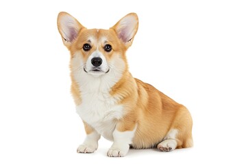 A corgi dog sitting on a white background with its ears perked up and looking at the camera directly