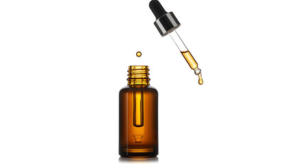 A single, precise drop of golden-yellow liquid, likely a cosmetic serum, essential oil, or tincture, falls from a glass pipette towards the opening of an open amber glass dropper bottle below