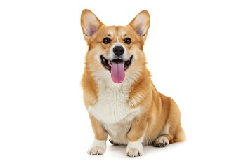 A corgi dog sitting with its tongue out and smiling on a white background in a studio setting