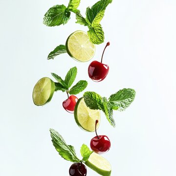 Floating cocktail garnish elements with cherries, lime slices and mint on white background