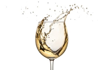 A glass of white wine with a splash on a white background in a studio shot with droplets visible