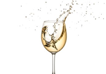 A wine glass with white wine splashing out against a plain white studio background with droplets around it