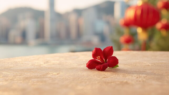 Close-up of a red bauhinia brooch on silk, golden light on petals, festive city backdrop - celebrating Hong Kong's establishment day with elegance.