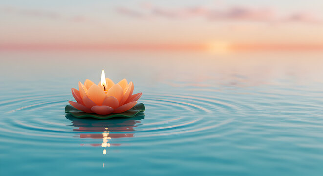 Lotus Flower Candle Floating on Calm Water at Sunset Creating a Peaceful and Serene Spa Atmosphere
