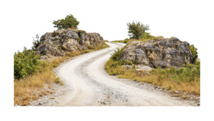 Winding gravel road through rocky landscape with vegetation, cut out - stock png.